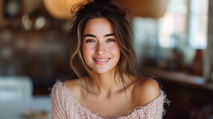 A stylish woman in casual wear, her camera-ready smile enhancing her natural beauty