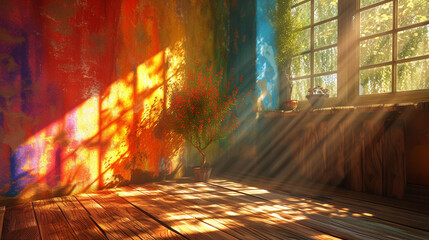 A vibrant tapestry of colors dancing across the walls, casting playful shadows in the afternoon sunlight.