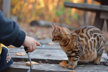 kid using a laser pointer playing with a savannah cat