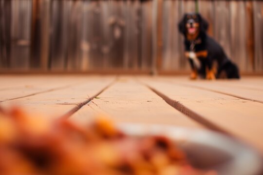 empty wood stage, blurred image of a dog begging for bbq treats