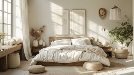 An airy bedroom featuring a platform bed, white linens, and a minimalistic gallery wall