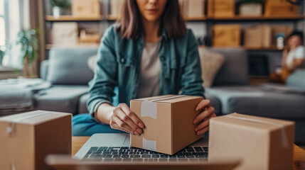 woman using online internet to buying product or business fast shipping delivery to customer,E-commerce and Online Shopping - obrazy, fototapety, plakaty