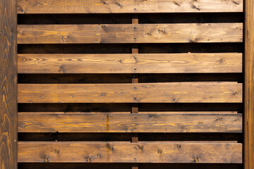 Wooden fence made of brown boards with highlighted texture, natural wood pattern. Background