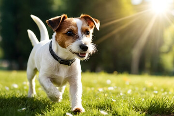 Funny Small Jack Russell terrier doggy walking on grass lawn on park, looking away. Playful little Jack Russell terrier dog playing posing in nature, outdoors. Pet love concept. Copy ad text space
