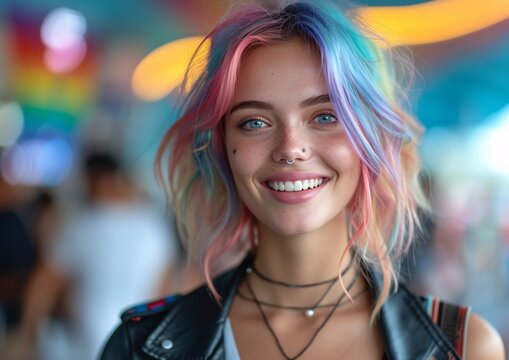 Colorful Hair and Piercing A Rainbow-Haired Woman Smiling for the Camera Generative AI