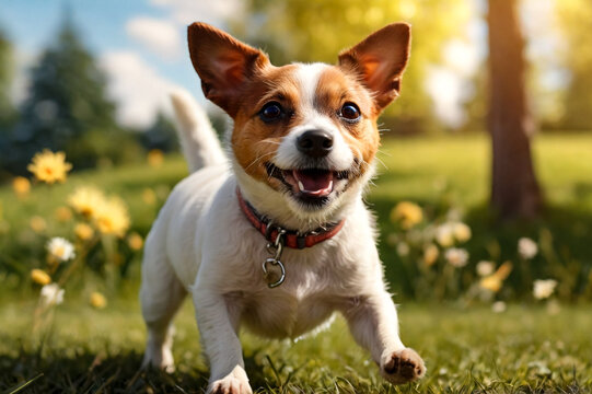 Funny Small Jack Russell terrier sitting with tongue out on dog playground. Playful funny little Jack Russell terrier dog playing walking in nature, outdoors. Pet love concept. Copy ad text space