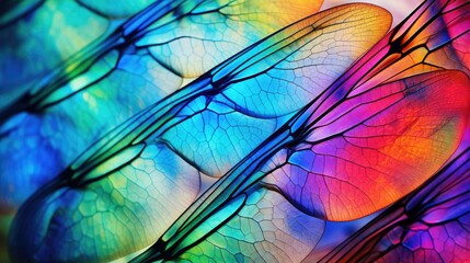 Wing of psychedelic dragonfly under microscope colorful