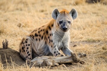 Obraz premium hyena with bone, dry grass and termite mounds
