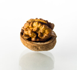 One half of a walnut on a white background