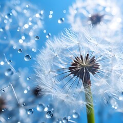 Dandelion Seed Head close up with loose seeds water droplets and blue sky background
