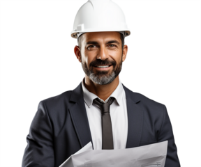 Attractive mature architect businessman with construction helmet smiling isolated on white