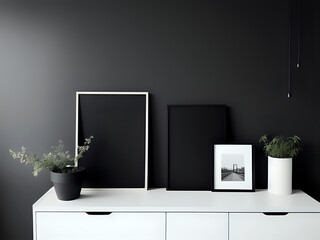 schwarz weiße Bilderrahmen an schwarze Wand gelehnt auf einem Sideboard