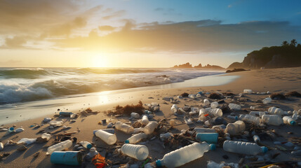Fototapeta na wymiar Plastic bottles and waste micro plastic sea pollution on beach recycling