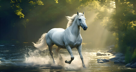 Beautiful white horse galloping  through sunlit forest along shallow stream, ideal for a spiritual theme
