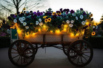  cart adorned with fairy lights and filled with pansies at dusk © primopiano