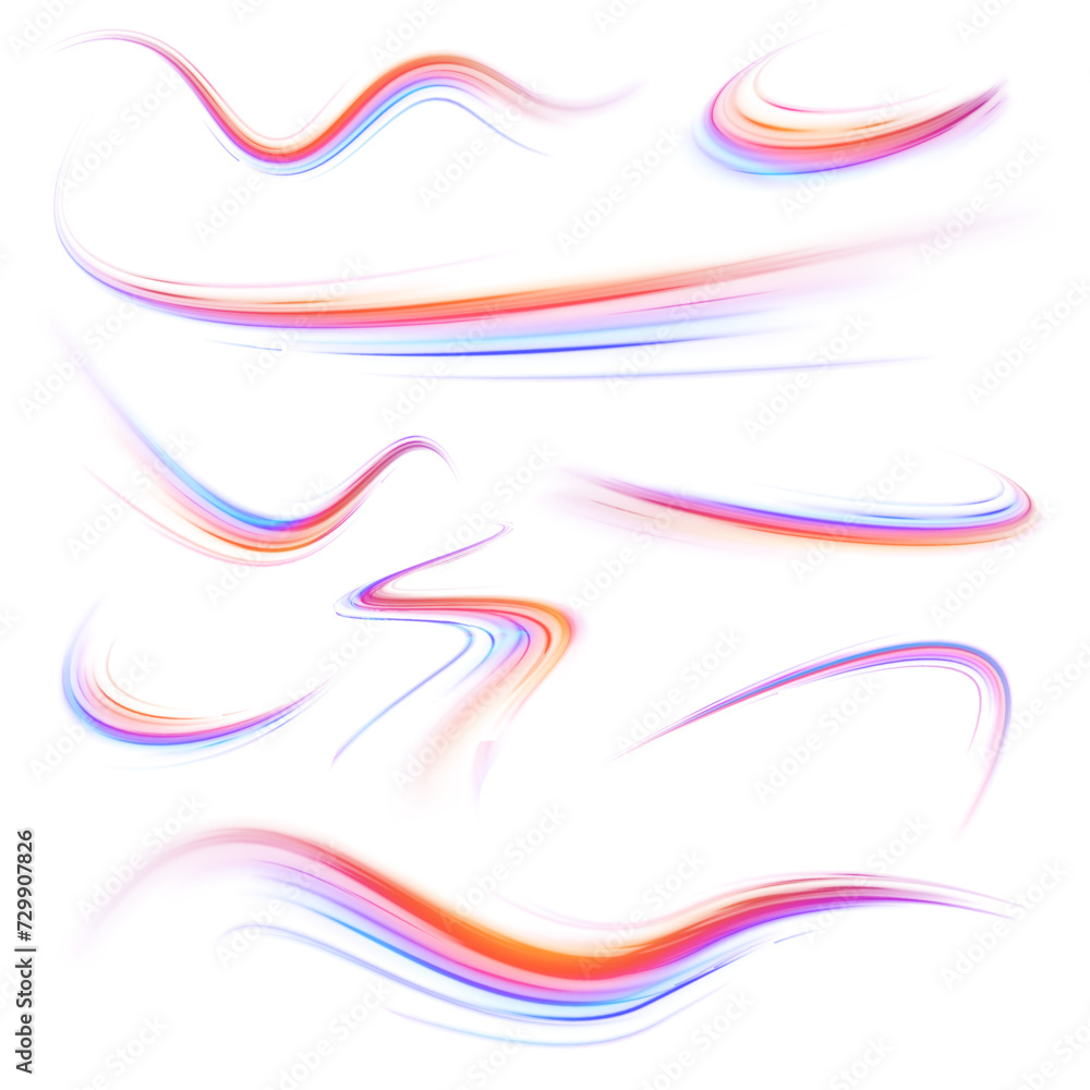 Poster set of neon speed lines on transparent background png. big data traffic visualization, dynamic high 