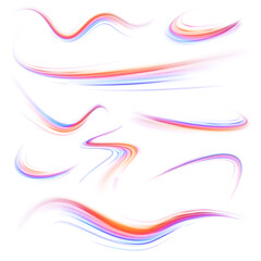 Set of neon speed lines on transparent background PNG. Big data traffic visualization, dynamic high speed data streaming traffic.	