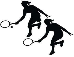 Black silhouettes of women's tennis player in casual sports uniform and dress who bent down to hit the ball with a racket