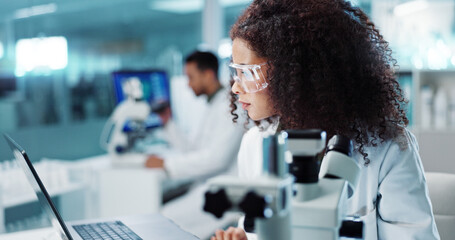 Laptop, woman or scientist with microscope or research in lab for chemistry report or medical test feedback. Bacteria, person typing or science update for online medicine development news on website - obrazy, fototapety, plakaty