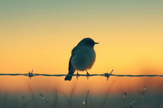 A photo of a single bird perched on a wire, with a clear sky as the background. Concept of solitude and simplicity in nature. Generative Ai.