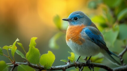 Obraz premium Eastern Bluebird Tree Branch Green Leaves Blur Background 4K HD Birds Wallpaper 