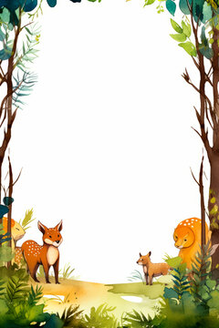 Forest with animals and blank paper for photo.