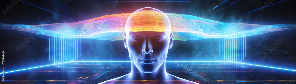 Poster futuristic man with a digital brain, perfect for themes related to ai, machine learning, and advance