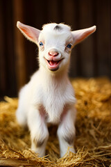 Obraz premium Small white goat with blue eyes and smile.