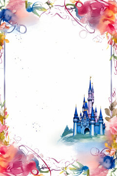 Picture frame with castle and flowers on it with white background.