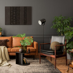 Creative composition of living room interior with mock up poster frame, brown sofa, leather...