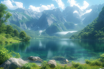 A panoramic view of a pristine mountain lake surrounded by lush greenery, capturing the serenity and untouched beauty of a remote wilderness. Concept of unspoiled mountain landscapes. Generative Ai. - Powered by Adobe