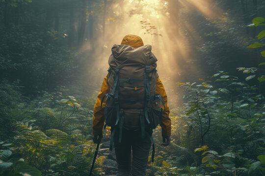 An image of a lone backpacker trekking through a dense forest with sunlight filtering through the trees, showcasing the spirit of adventure and exploration.  Generative Ai.