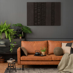 Interior design of living room interior with mock up poster frame, brown sofa, plants,  glass...