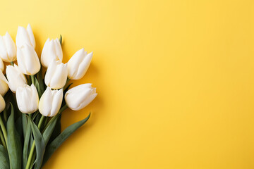 Bouquet of beautiful white tulips on a yellow background on the right. Spring, summer greeting background. Generated by artificial intelligence