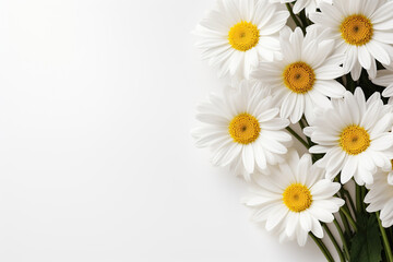 Horizontal white background with a bouquet of white daisies on the right and space for text. Generated by artificial intelligence