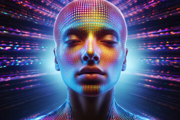 Woman with a visible cybernetic brain, ideal for content on AI, innovation, cybernetics, and the fusion of technology with humanity. IT, cyberspace, computer data transfer, VR.