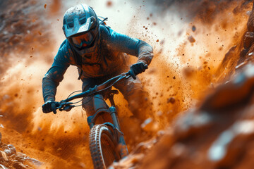 An image of a mountain biker navigating a challenging trail with dust and dirt flying, portraying the adrenaline-fueled excitement of downhill mountain biking.  Generative Ai. - Powered by Adobe