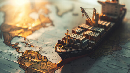 Container ship model on world map , transcontinental transportation or globalization concept image with copy space