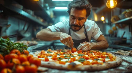 Foto auf Glas Pizza chef finishing the preparation of a tasty pizza in professional pizzeria restaurant kitchen © Keitma