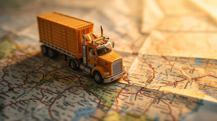 Truck model on world map , transportation of goods between countries on the road concept image with copy space - obrazy, fototapety, plakaty