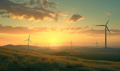 wind turbines on a field at sunset,Wind turbines on beautiful sunny summer autumn mountain landsape.