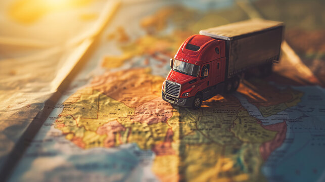 Truck model on world map , transportation of goods between countries on the road concept image with copy space