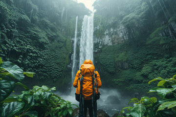 An image of a photographer capturing the essence of a roaring waterfall in a dense rainforest,...
