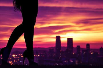 silhouette in high heels, sunset and city outline
