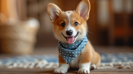 A charming corgi puppy sitting obediently with a blue bandana around its neck.