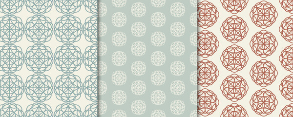 Set of three seamless patterns, retro abstract style backgrounds with shapes. Design vector templates