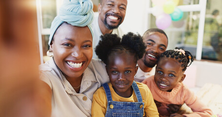 Black family, selfie and a smile of parents and children together for bonding, love and care. Face...