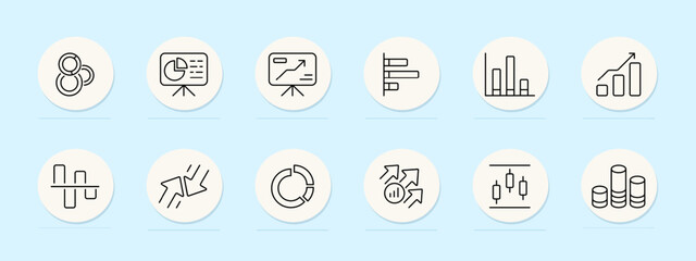 Fototapeta premium Charts line icon. Data visualization, graphical analysis, visual representation, statistical chart, bar graph. Pastel color background. Vector line icon for business and advertising