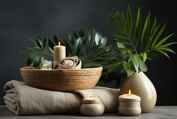 Spa still life with candle and plant. Created with Ai