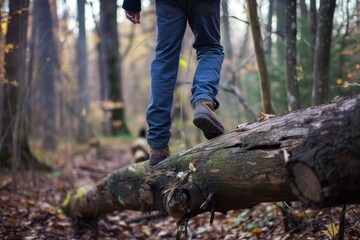 man stepping over a fallen log on the path